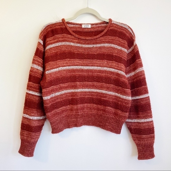 VINTAGE ECRU striped crew neck sweater cropped pullover red orange southwestern - Picture 1 of 9